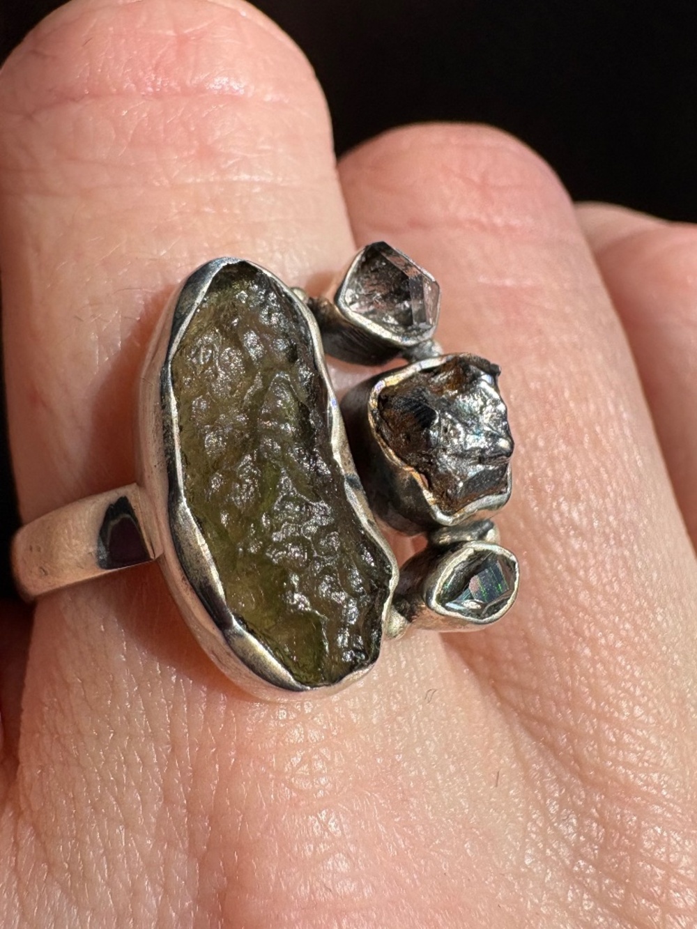 Moldavite Ring, size 8, sterling silver with Herkimer diamonds & meteorite -MO52